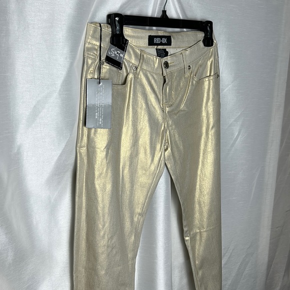 RED -OX   VTG SHINY SKINNY FIT STRETCH JEANS . Handmade . Size 7/8 low rise - Picture 1 of 12
